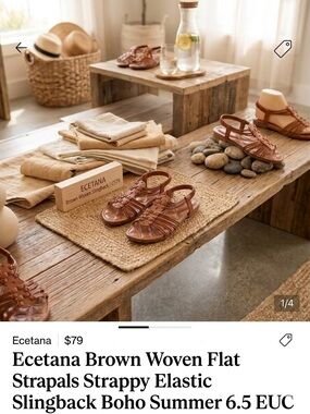 Ecetana Brown Woven Flat Sandals Strappy Elastic Slingback Boho Summer 6.5 EUC
